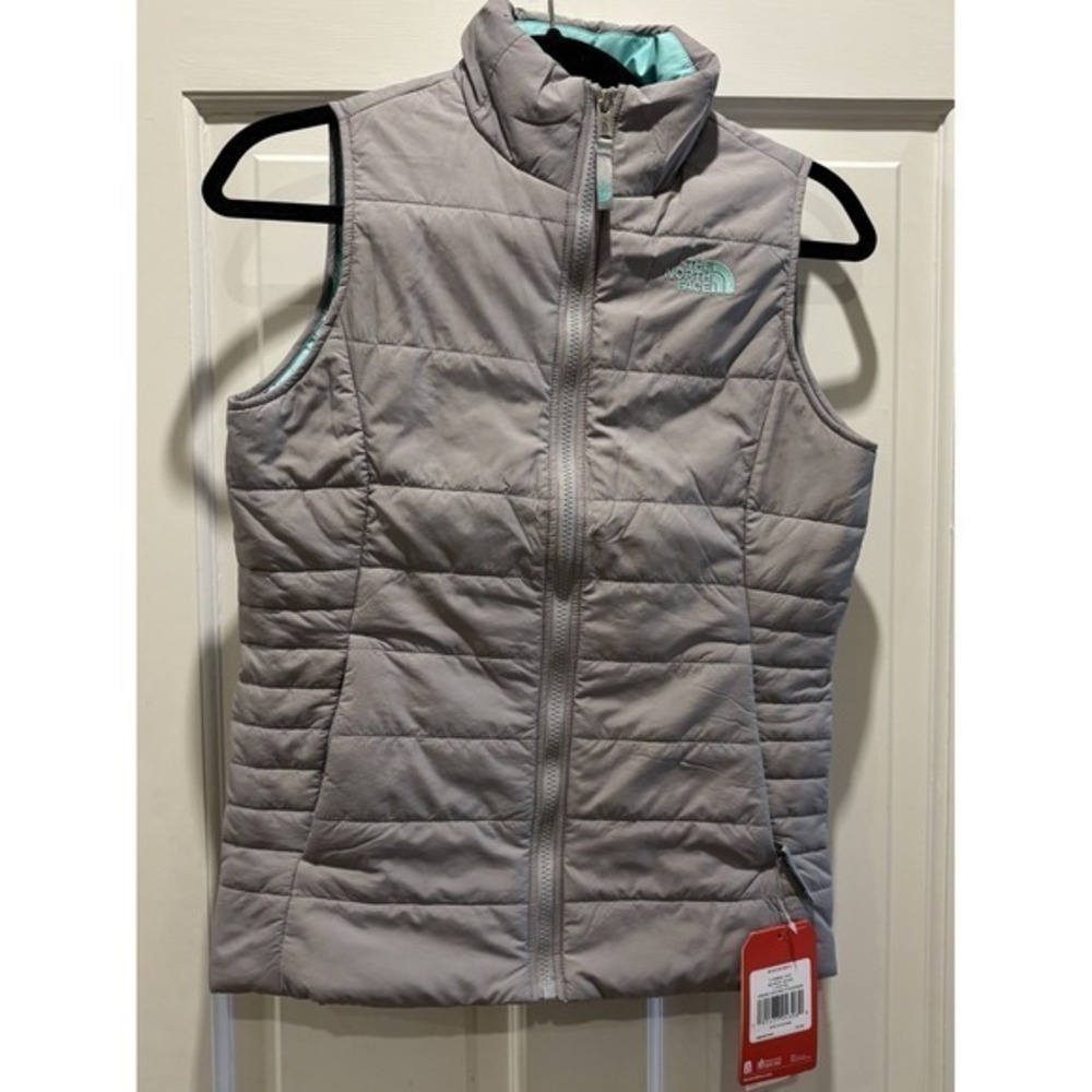 The North Face Girls Gray Puffer Vest with Light Blue Accents